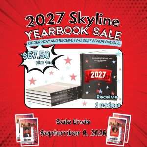 Official Skyline High School yearbook information flyer showing 2026-2027 ordering instructions and school code for DFW families