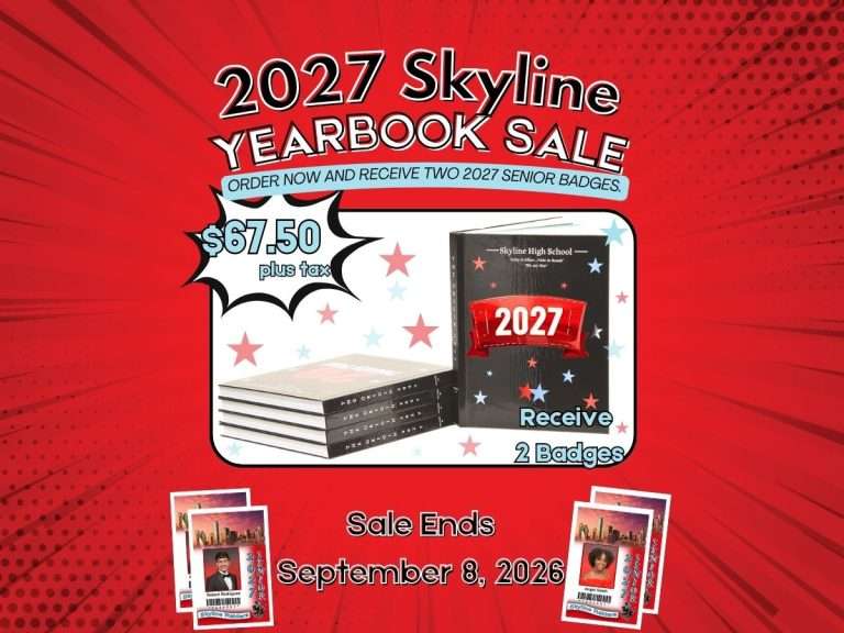 Official Skyline High School yearbook information flyer showing 2026-2027 ordering instructions and school code for DFW families